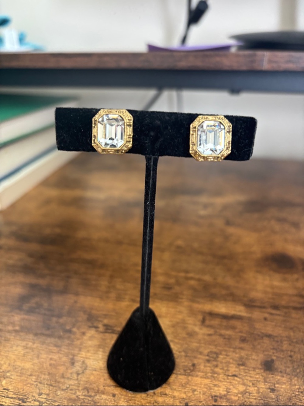 1928 Gold-Tone Clear Octagon Crystal clip on earrings